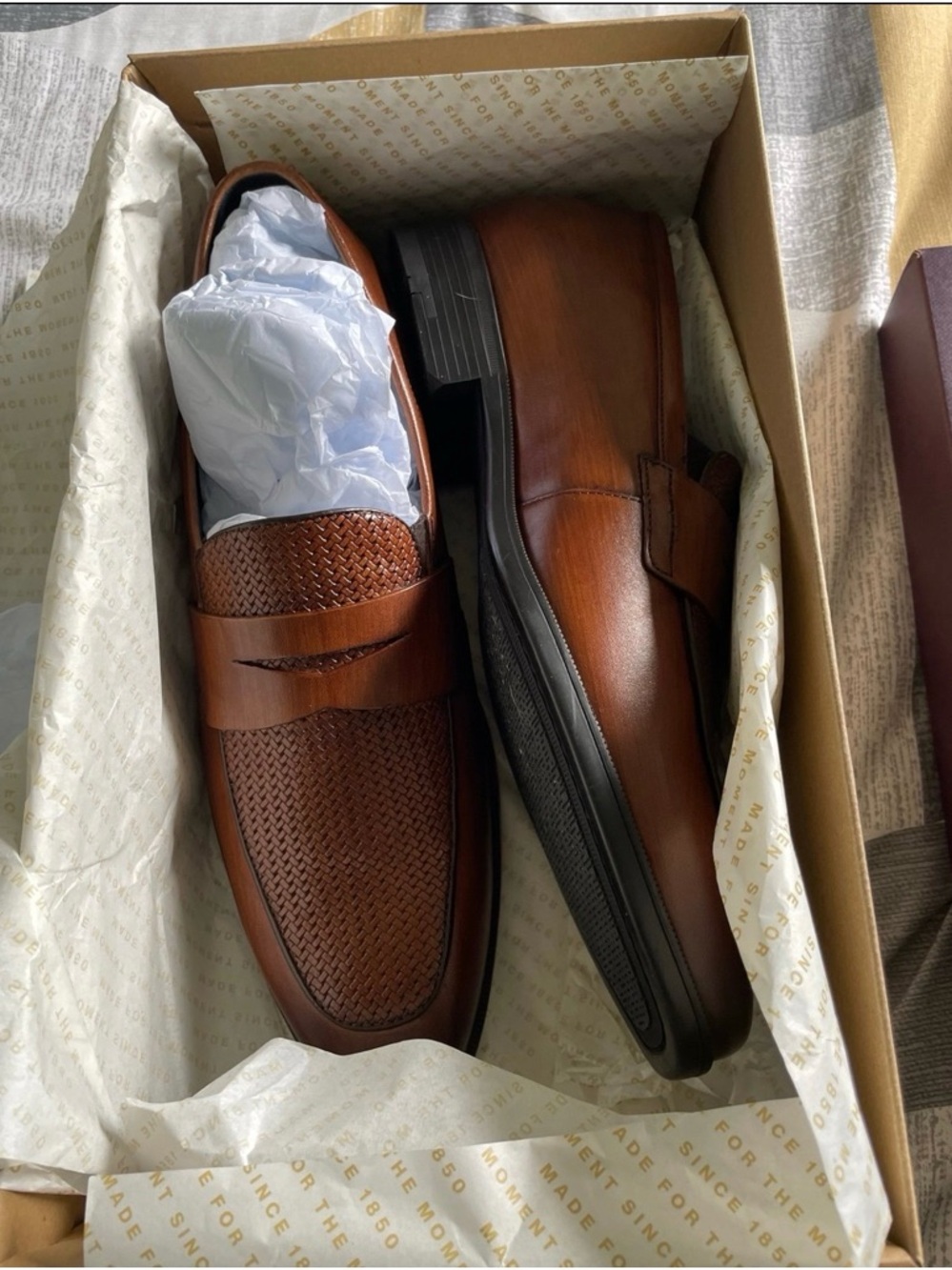 Johnston & Murphy Cognac Woven Leather Penny Loafers